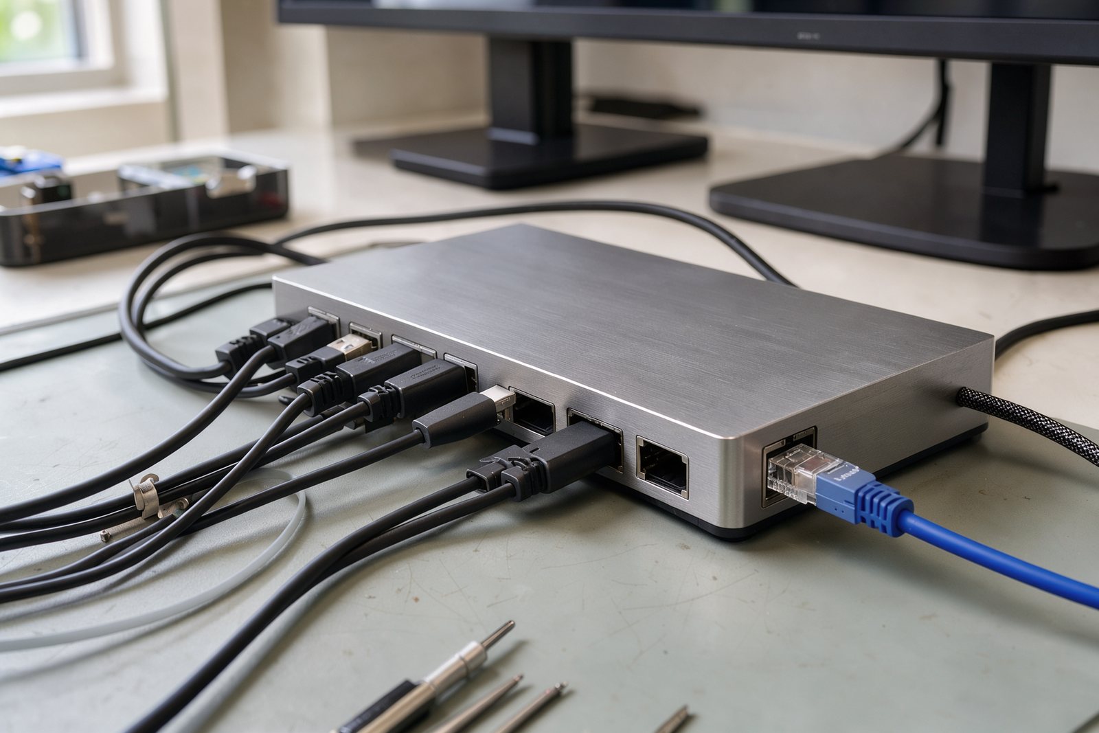 Symbolische Detailaufnahme der Kabelverbindungen an einem KVM-Switch