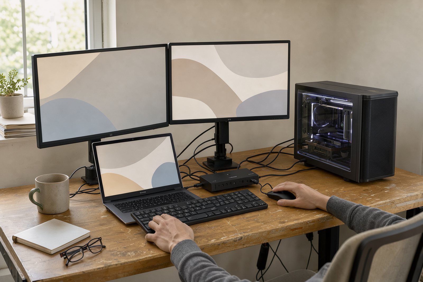 Symbolbild eines gemeinsamen Arbeitsplatzes für Notebook und Gaming-PC