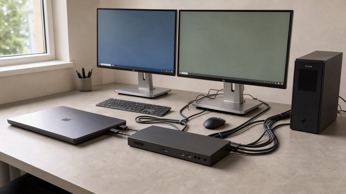 Symbolbild eines Dual-Monitor-KVM an einem Arbeitsplatz mit Notebook und Desktop