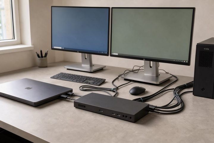 Symbolbild eines Dual-Monitor-KVM an einem Arbeitsplatz mit Notebook und Desktop