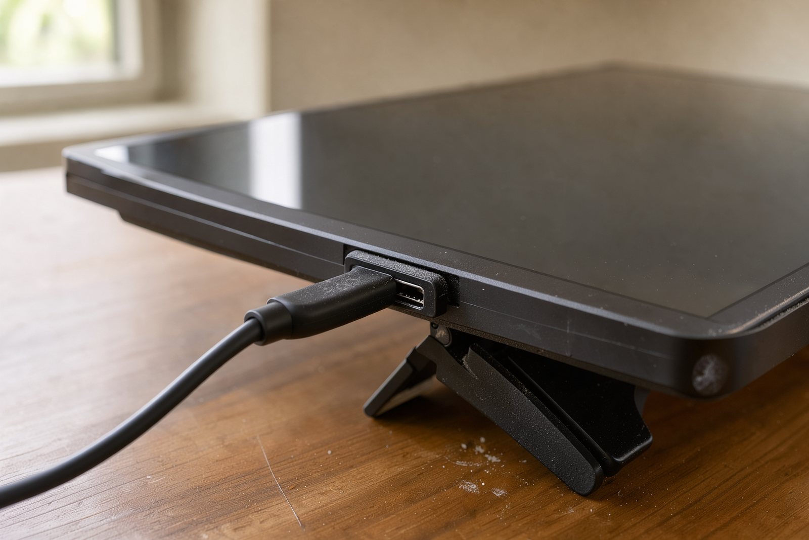 Symbolische Detailaufnahme von USB-C-Anschluss und Monitorstandfuß