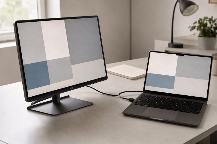 Symbolbild eines tragbaren Zweitmonitors neben einem Notebook