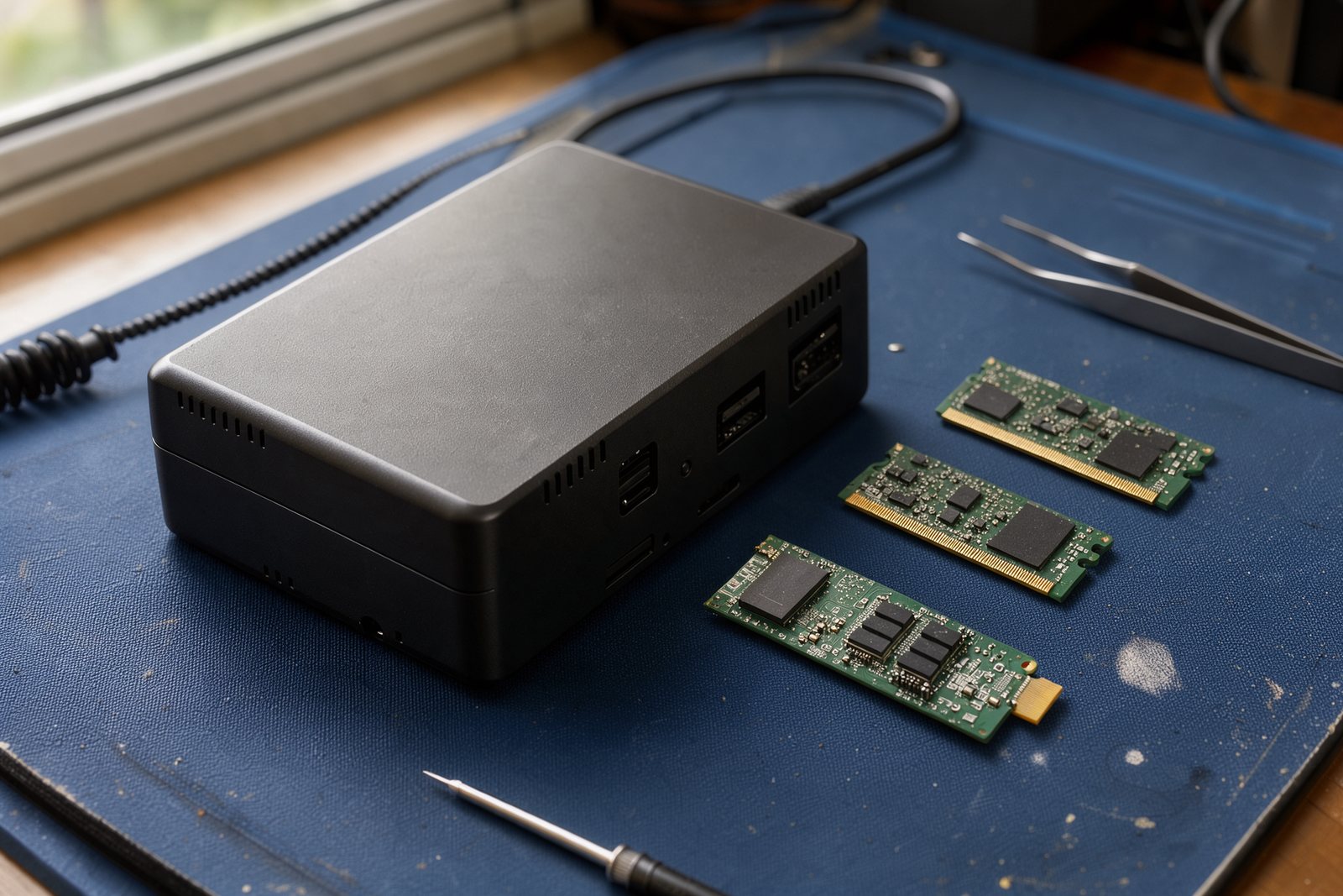 Symbolbild mit Mini-PC, DDR5-Arbeitsspeicher und M.2-SSD