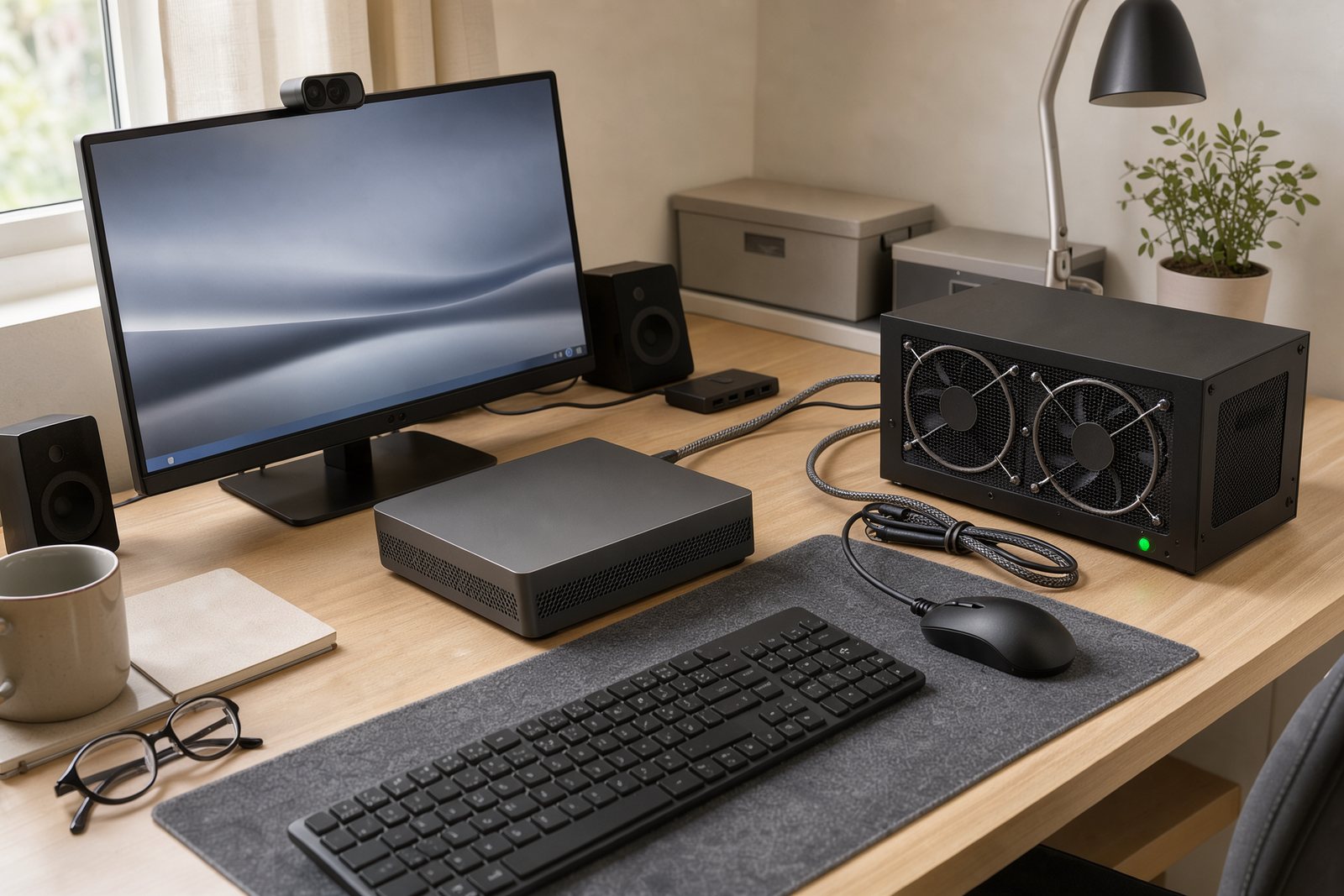 Symbolbild eines Mini-PC-Arbeitsplatzes mit externem Grafikgehäuse