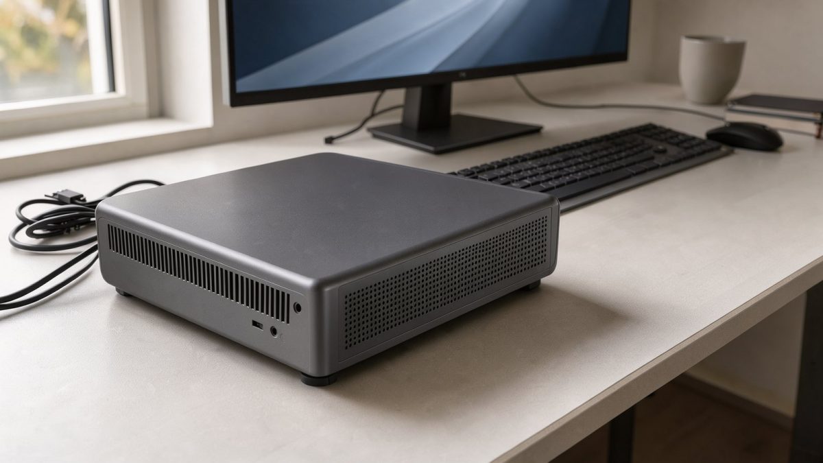 Symbolbild eines kompakten Mini-PCs auf einem aufgeräumten Arbeitsplatz