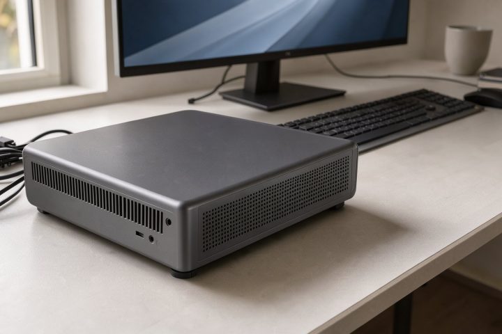 Symbolbild eines kompakten Mini-PCs auf einem aufgeräumten Arbeitsplatz