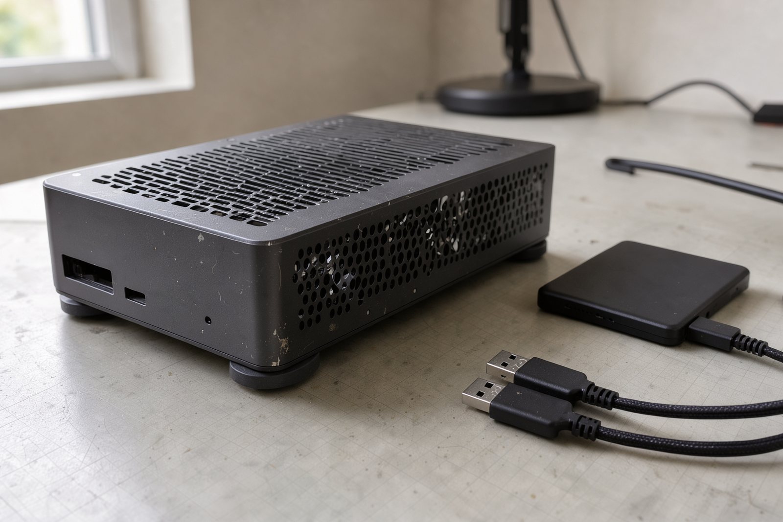 Symbolische Detailaufnahme eines Mini-PC-Gehäuses mit Lüftungsöffnungen