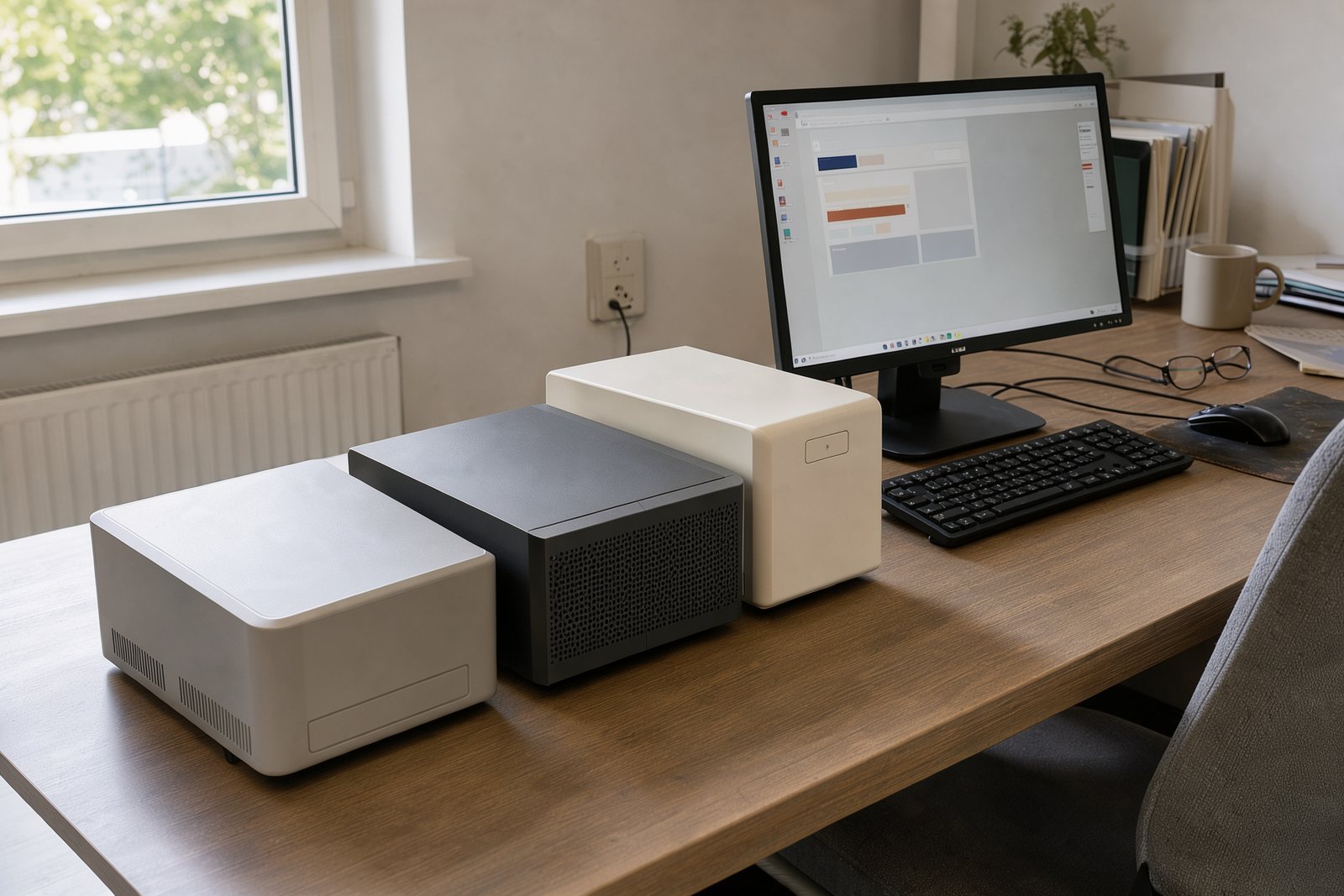 Symbolbild mit drei Mini-PCs zum Größenvergleich auf einem Schreibtisch