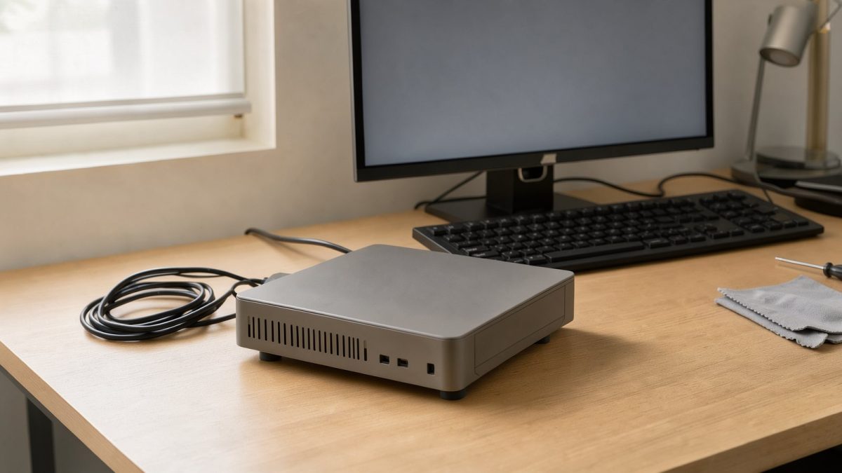 Symbolbild eines kompakten Mini-PCs auf einem aufgeräumten Arbeitsplatz