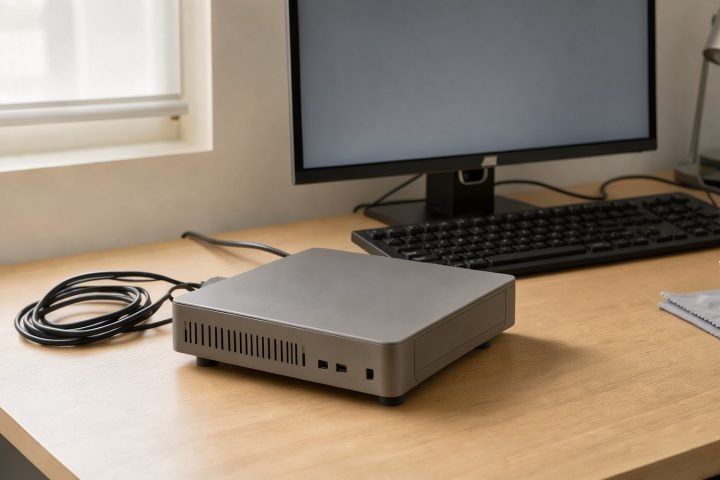 Symbolbild eines kompakten Mini-PCs auf einem aufgeräumten Arbeitsplatz