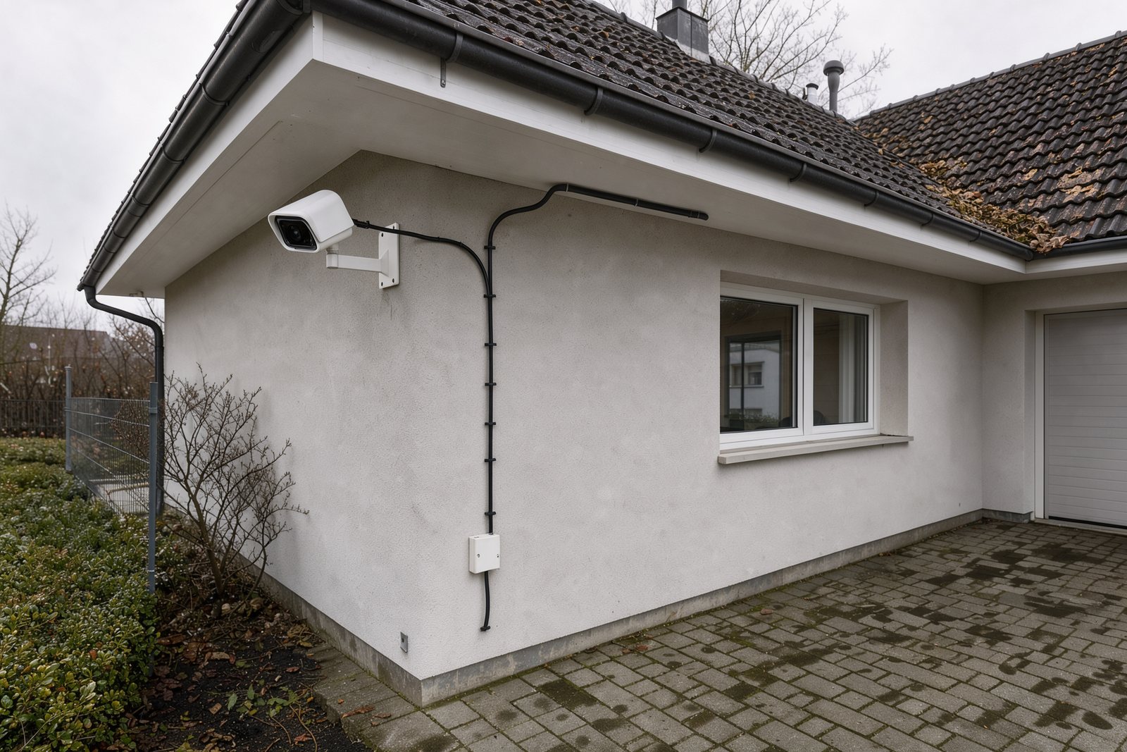Symbolbild einer kabelgebundenen Außenkamera unter dem Dachüberstand