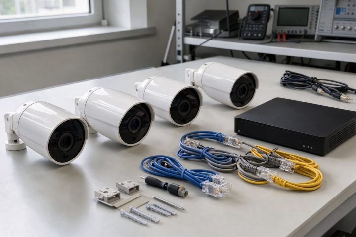 Symbolbild eines PoE-Überwachungssets mit vier Kameras, Recorder und Netzwerkkabeln