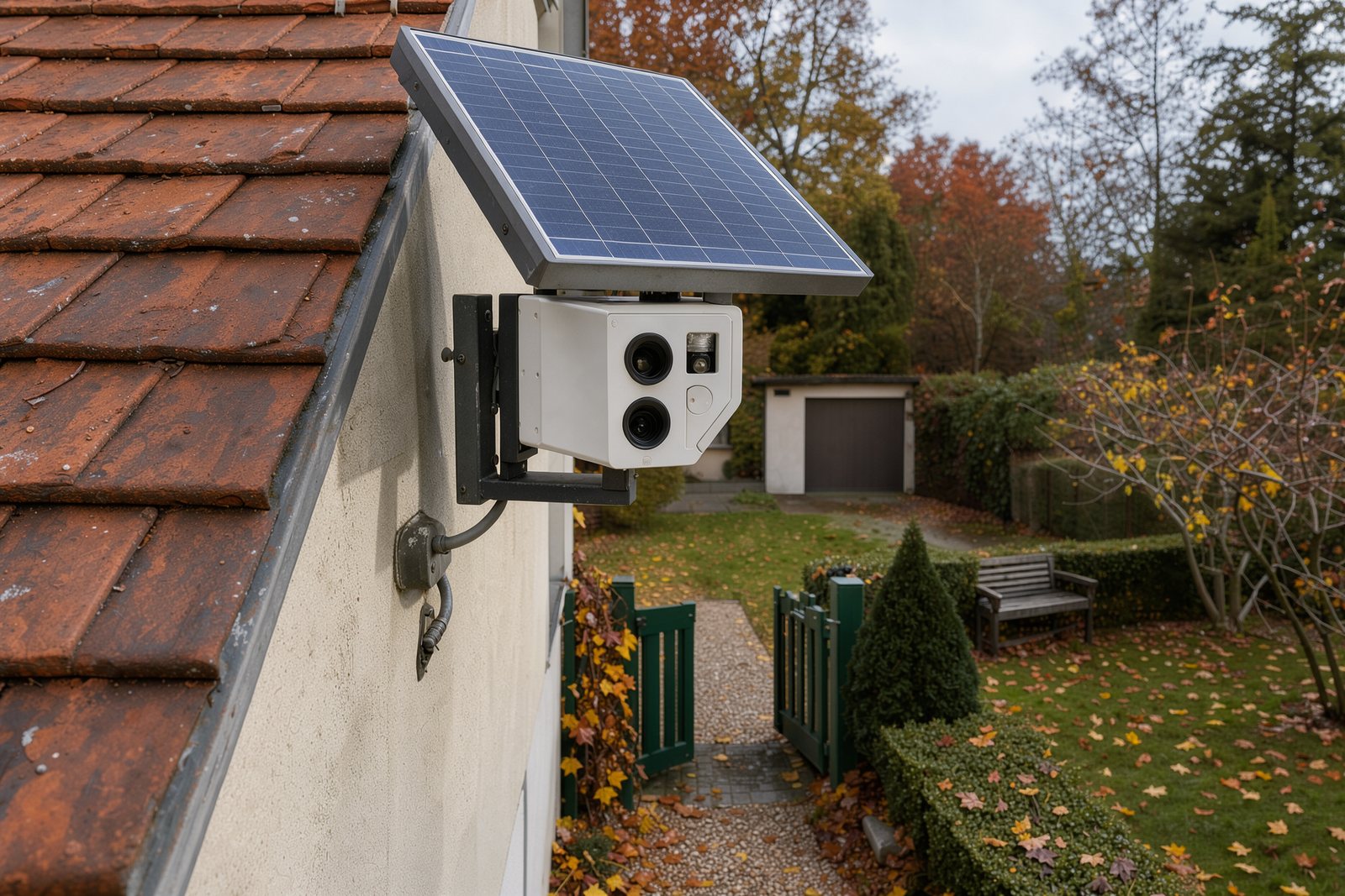 Symbolbild einer Solarkamera an einem privaten Garteneingang im Herbst