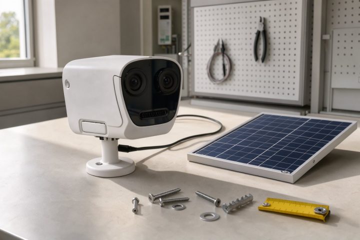 Symbolbild einer akkubetriebenen Dual-Kamera mit Solarpanel auf einer Werkbank