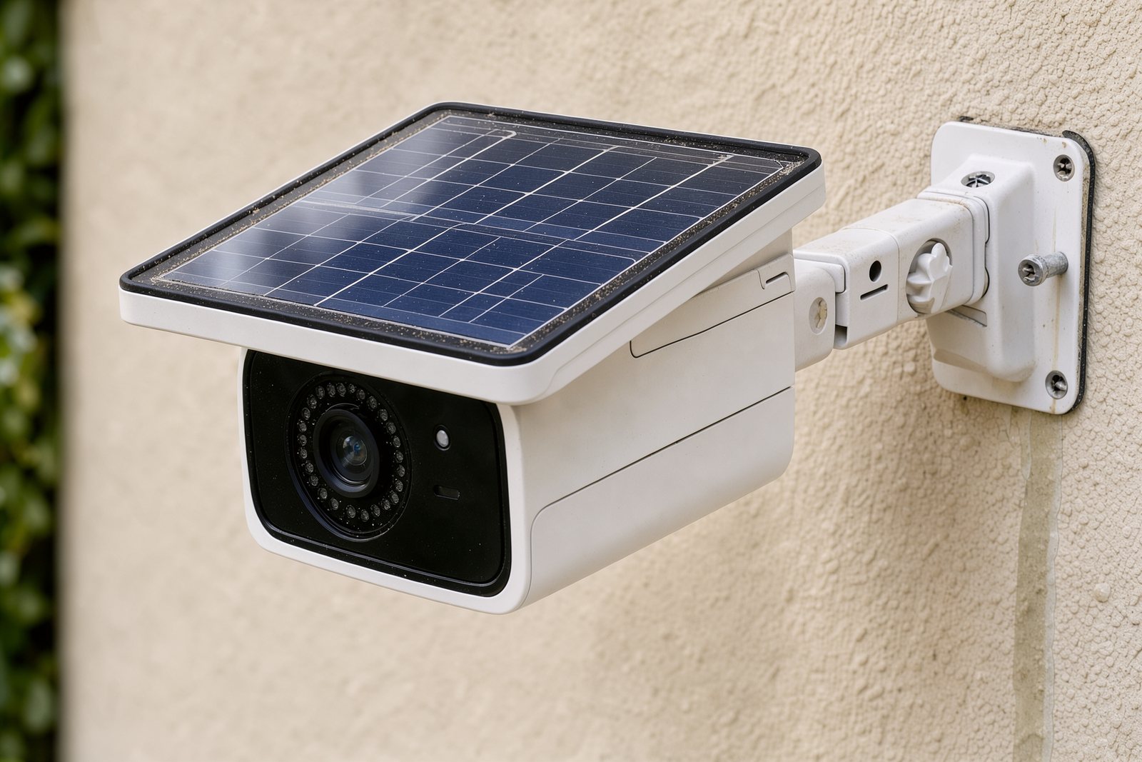 Detailansicht einer Solar-Außenkamera mit Wandhalterung an einer Hausfassade