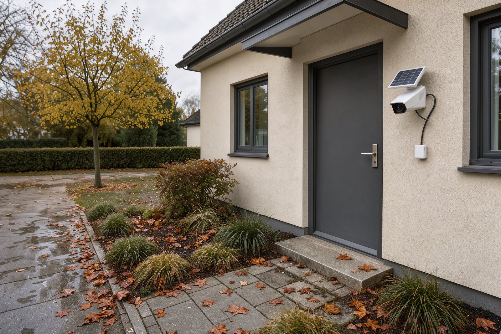Solarbetriebene Überwachungskamera an einem Hauseingang