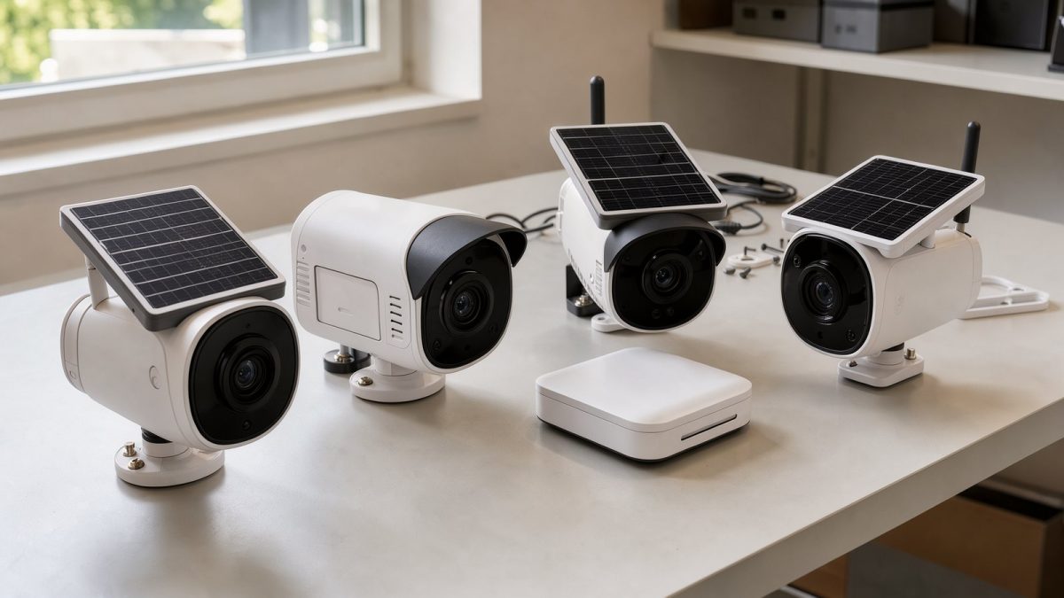 Illustrative Darstellung eines Vierer-Sets mit Solar-Außenkameras und Basisstation
