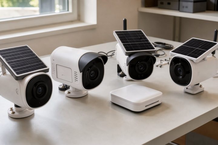 Illustrative Darstellung eines Vierer-Sets mit Solar-Außenkameras und Basisstation