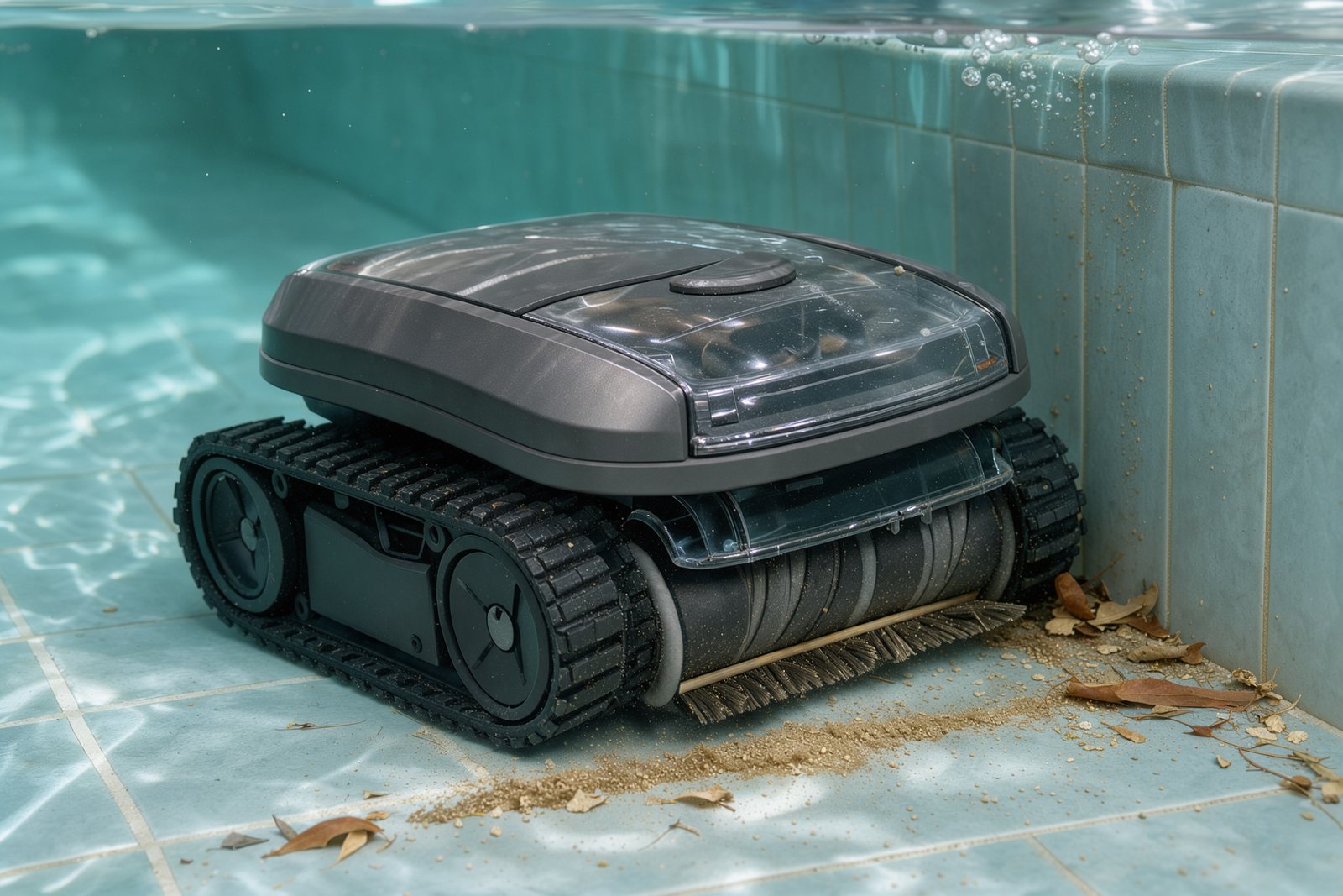 Symbolbild eines Poolroboters am Übergang zwischen Beckenboden und Wand
