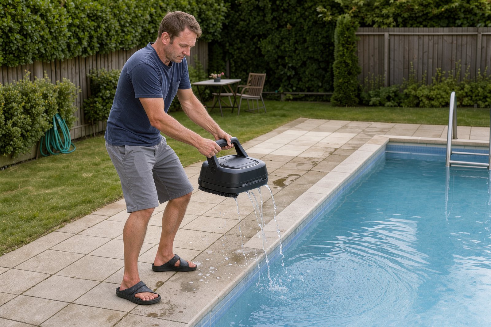 Symbolbild: Ein Poolroboter wird am Griff aus dem Becken gehoben