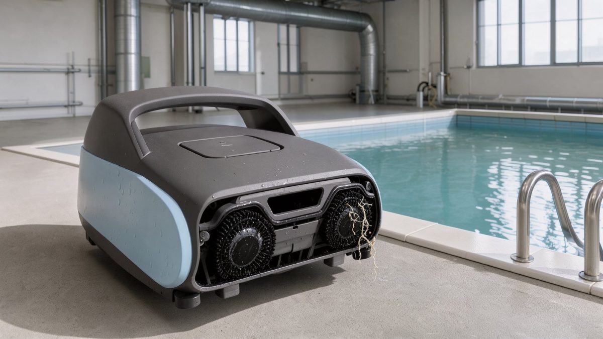 Symbolbild eines kabellosen Poolroboters neben einem Schwimmbecken