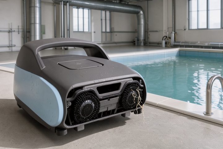 Symbolbild eines kabellosen Poolroboters neben einem Schwimmbecken