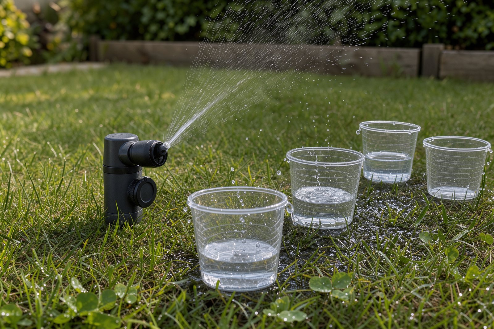 Symbolbild einer Beregnung mit Auffanggefäßen zur Kontrolle der Wasserverteilung