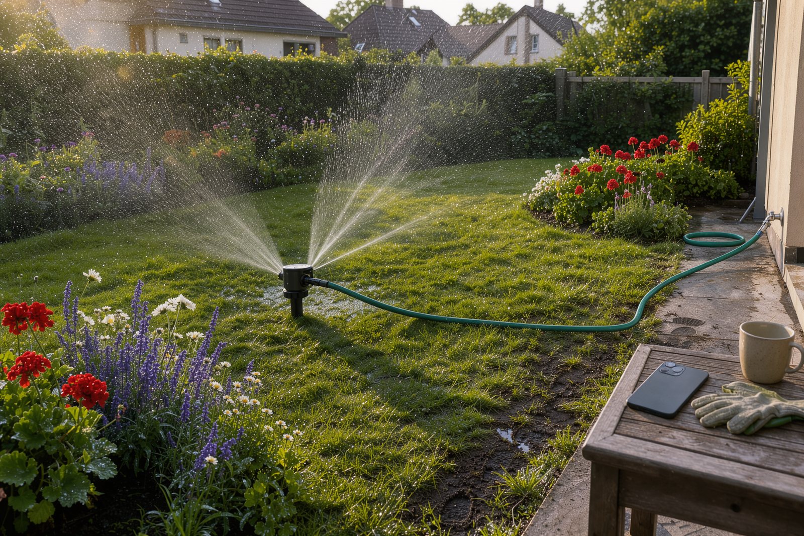 Symbolbild einer automatischen Rasenbewässerung in einem Garten mit Beeträndern