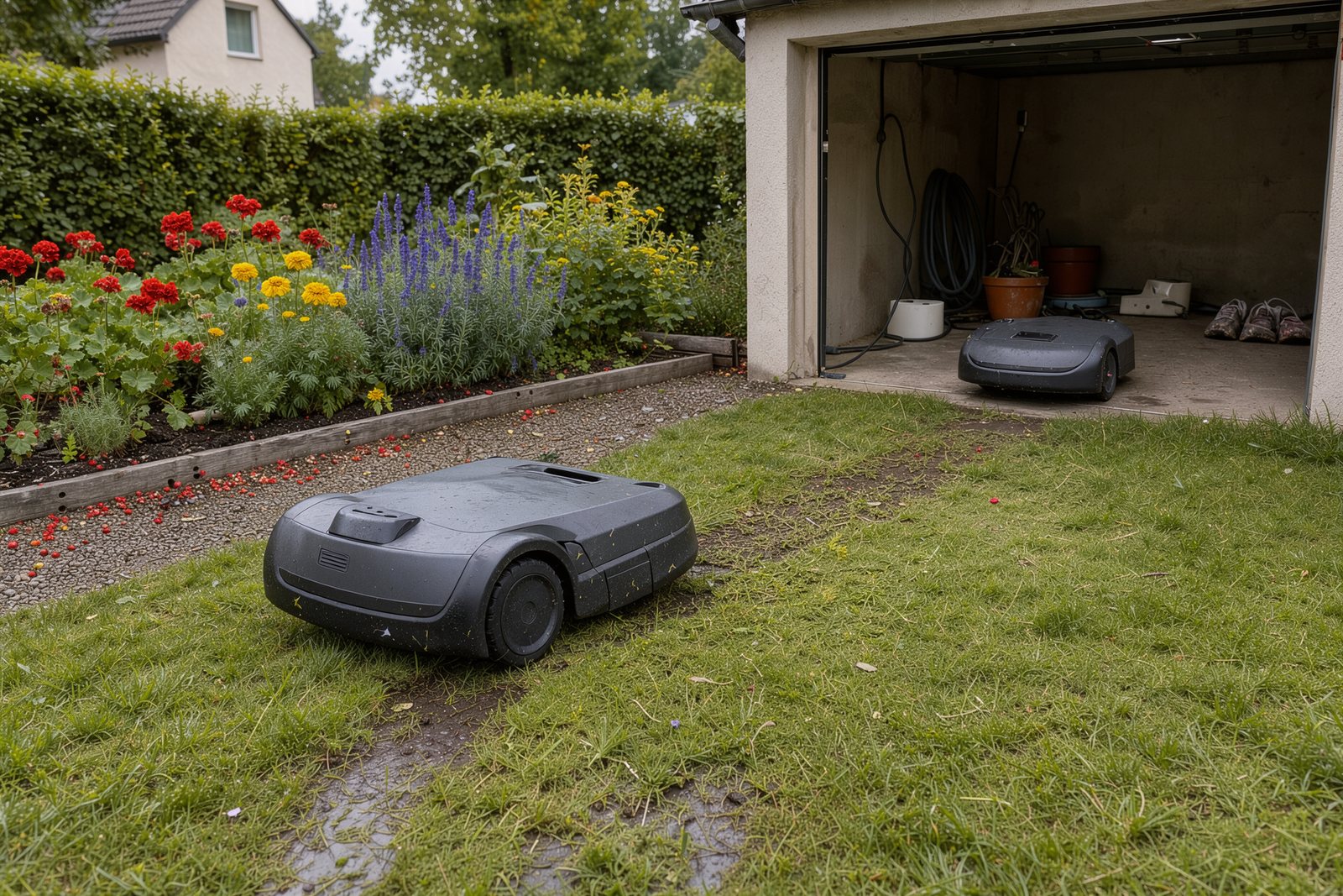 Symbolbild eines Mähroboters vor seiner Garage in einem Hausgarten