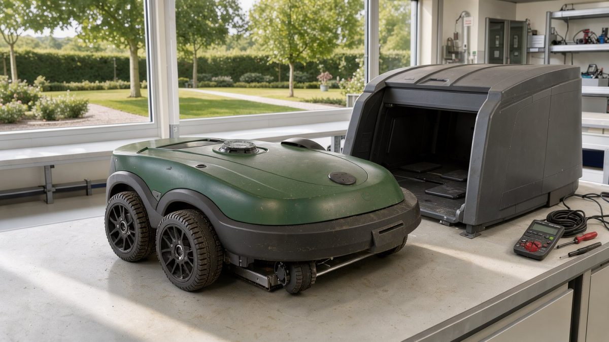 Symbolbild eines kabellosen Mähroboters mit Garage auf einem Werkstatttisch