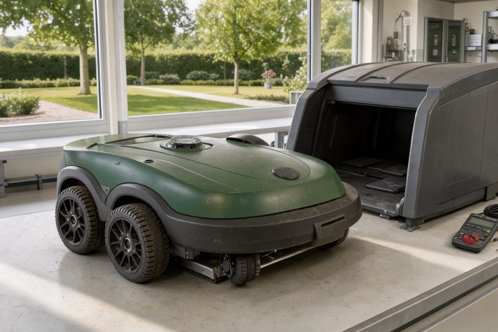 Symbolbild eines kabellosen Mähroboters mit Garage auf einem Werkstatttisch
