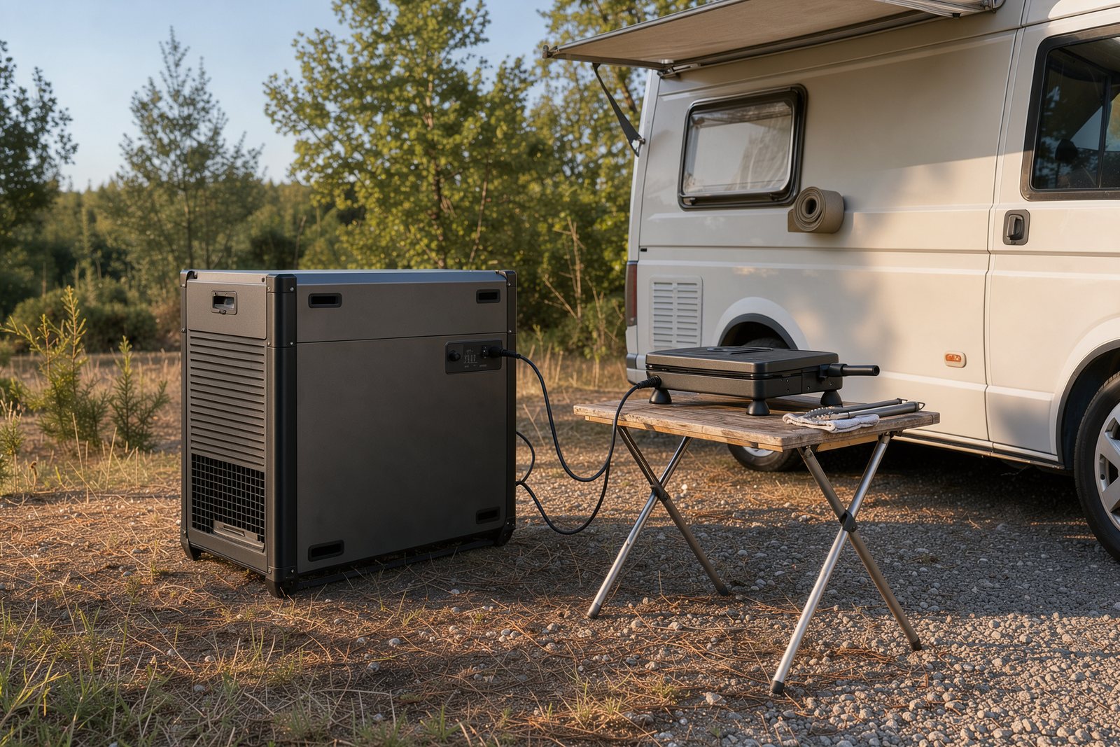 Symbolbild einer großen Powerstation beim Einsatz neben einem Campingfahrzeug