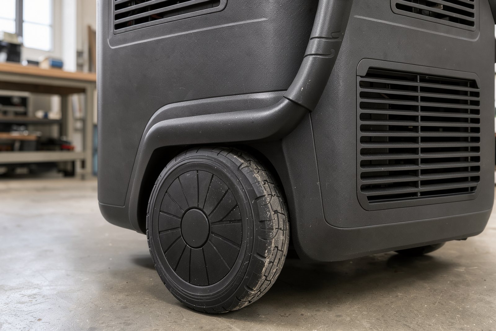 Detailansicht von Transportrolle und Gehäuse einer großen Powerstation, Symbolbild