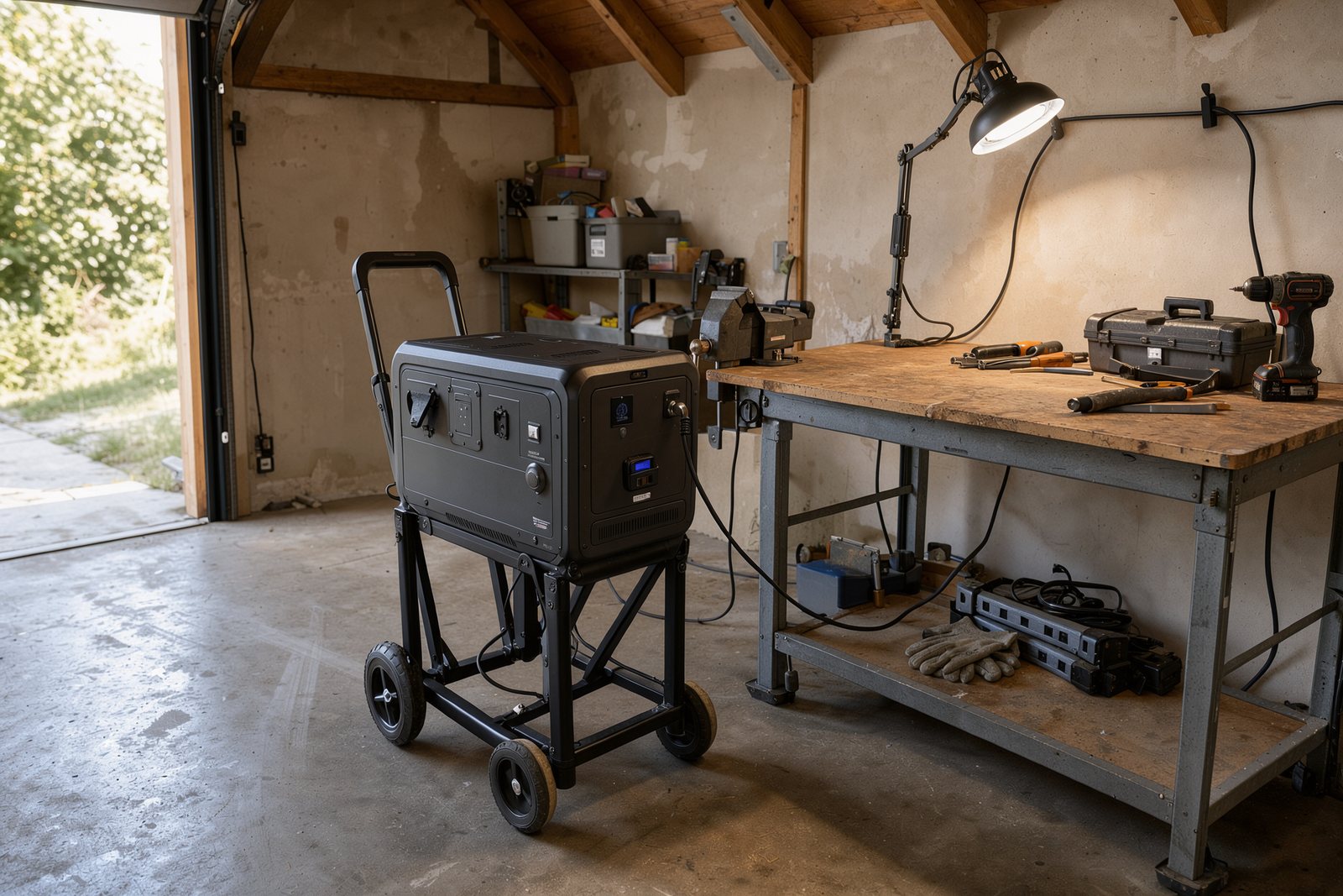 Powerstation als Stromversorgung für eine Arbeitsleuchte in der Garage, Symbolbild