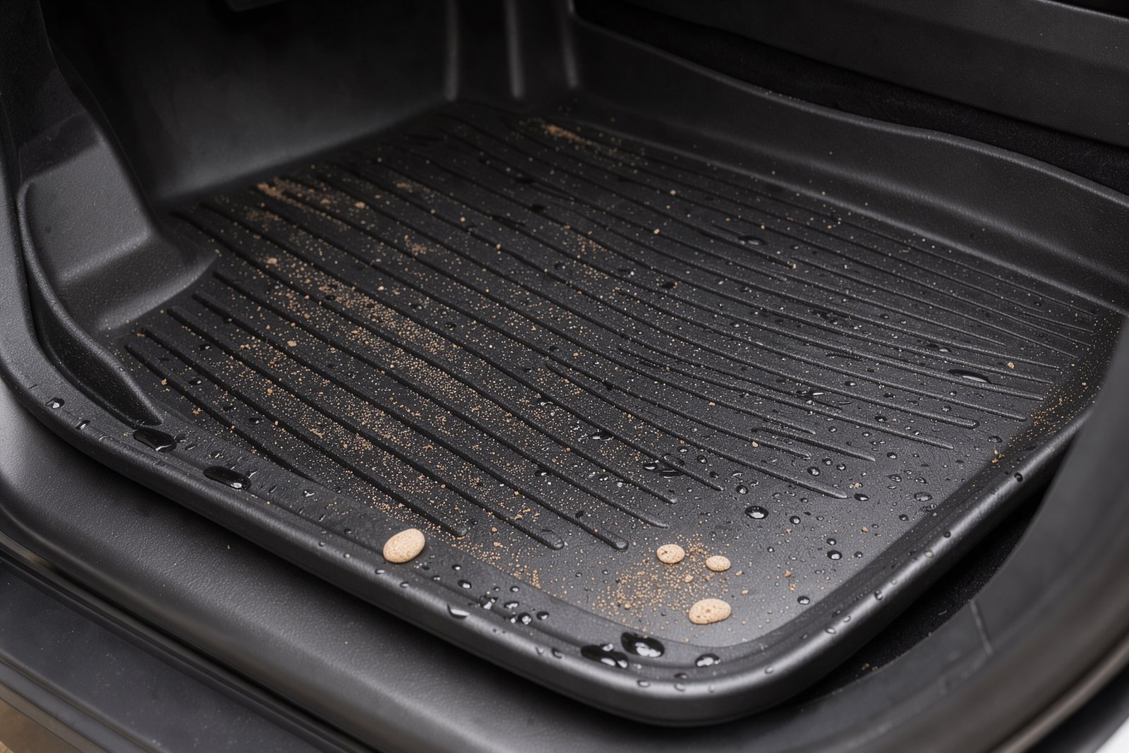 Symbolische Detailansicht einer erhöhten Mattenkante mit Wasser und Sand