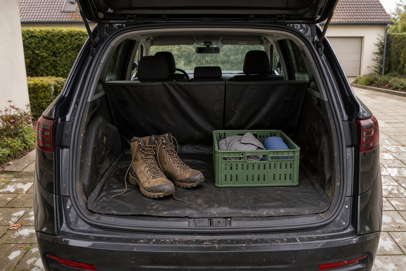 Symbolbild einer Kofferraumwanne mit Wanderschuhen und Einkaufskiste