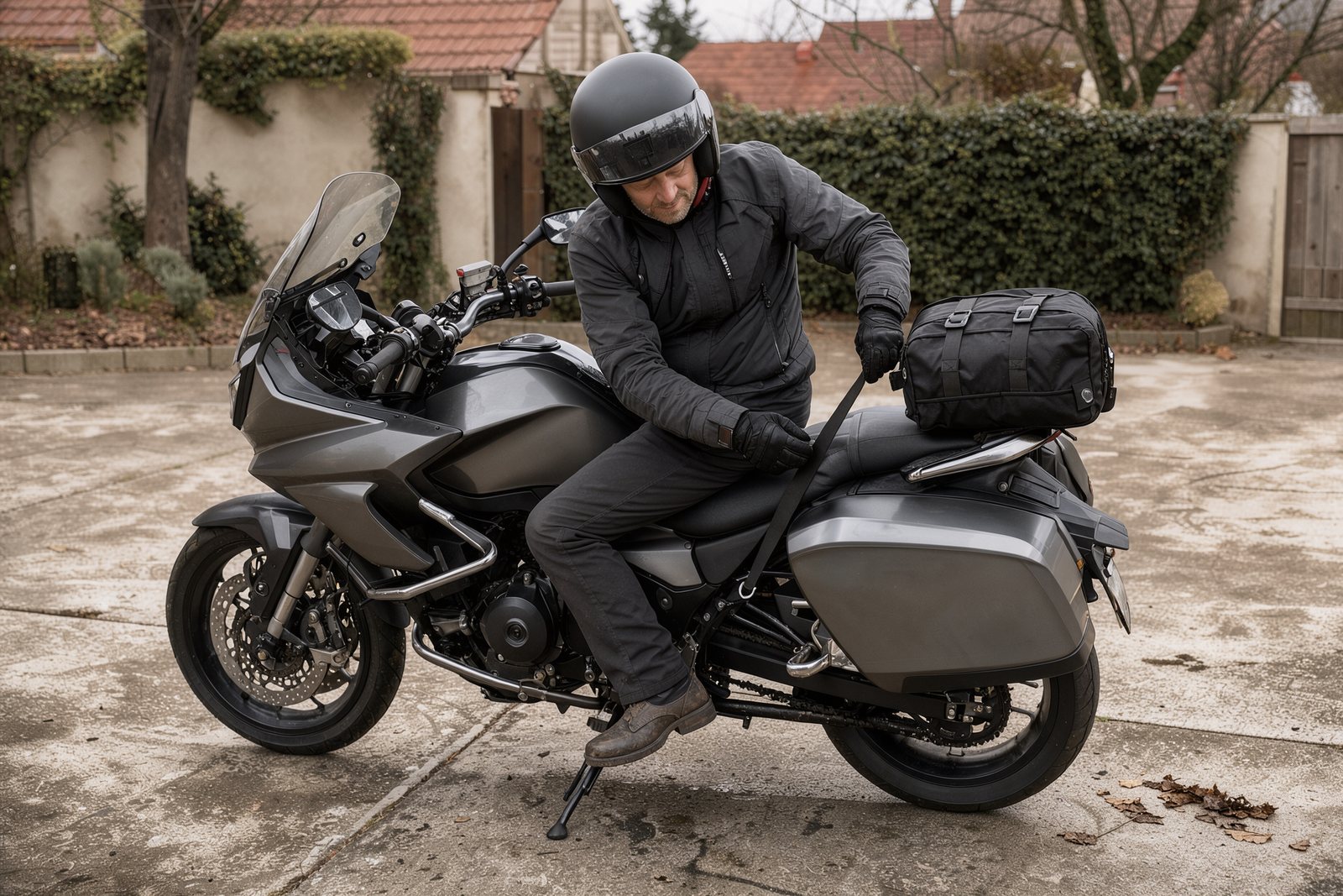 Symbolbild einer Befestigungskontrolle am Motorrad vor der Abfahrt