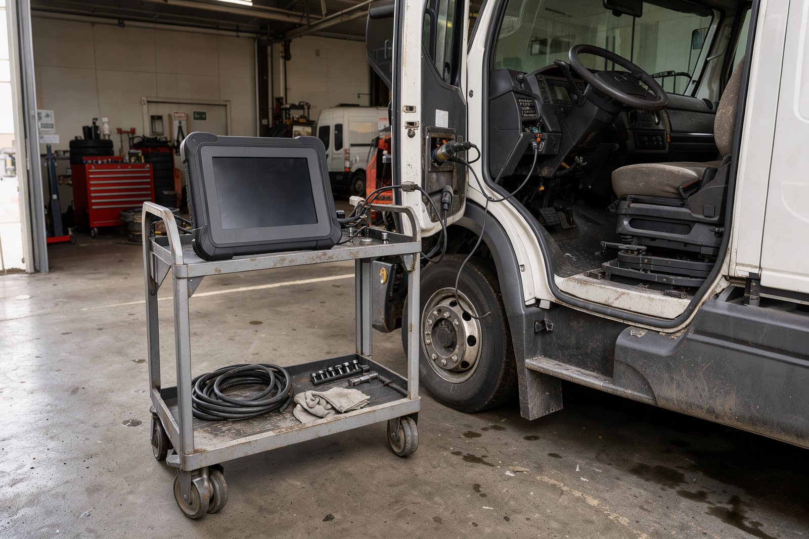 Symbolbild eines Diagnosegeräts auf einem Werkstattwagen neben einem LKW
