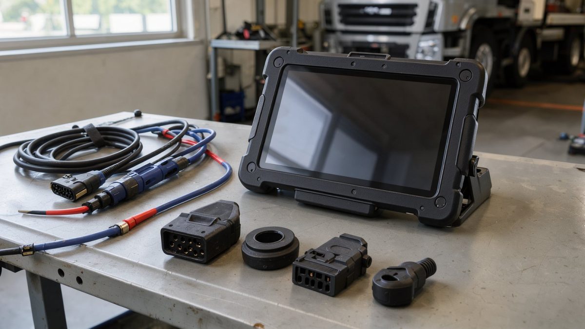 Symbolbild eines LKW-Diagnosetablets mit Kabeln und Adaptern auf einer Werkbank
