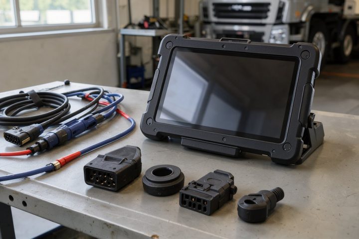 Symbolbild eines LKW-Diagnosetablets mit Kabeln und Adaptern auf einer Werkbank