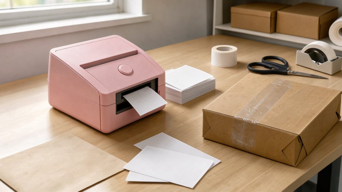 Symbolbild eines kompakten pinken Thermo-Etikettendruckers am Versandarbeitsplatz