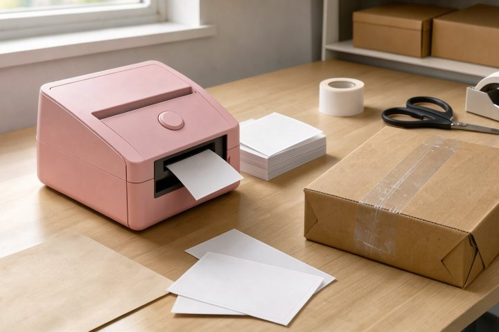 Symbolbild eines kompakten pinken Thermo-Etikettendruckers am Versandarbeitsplatz