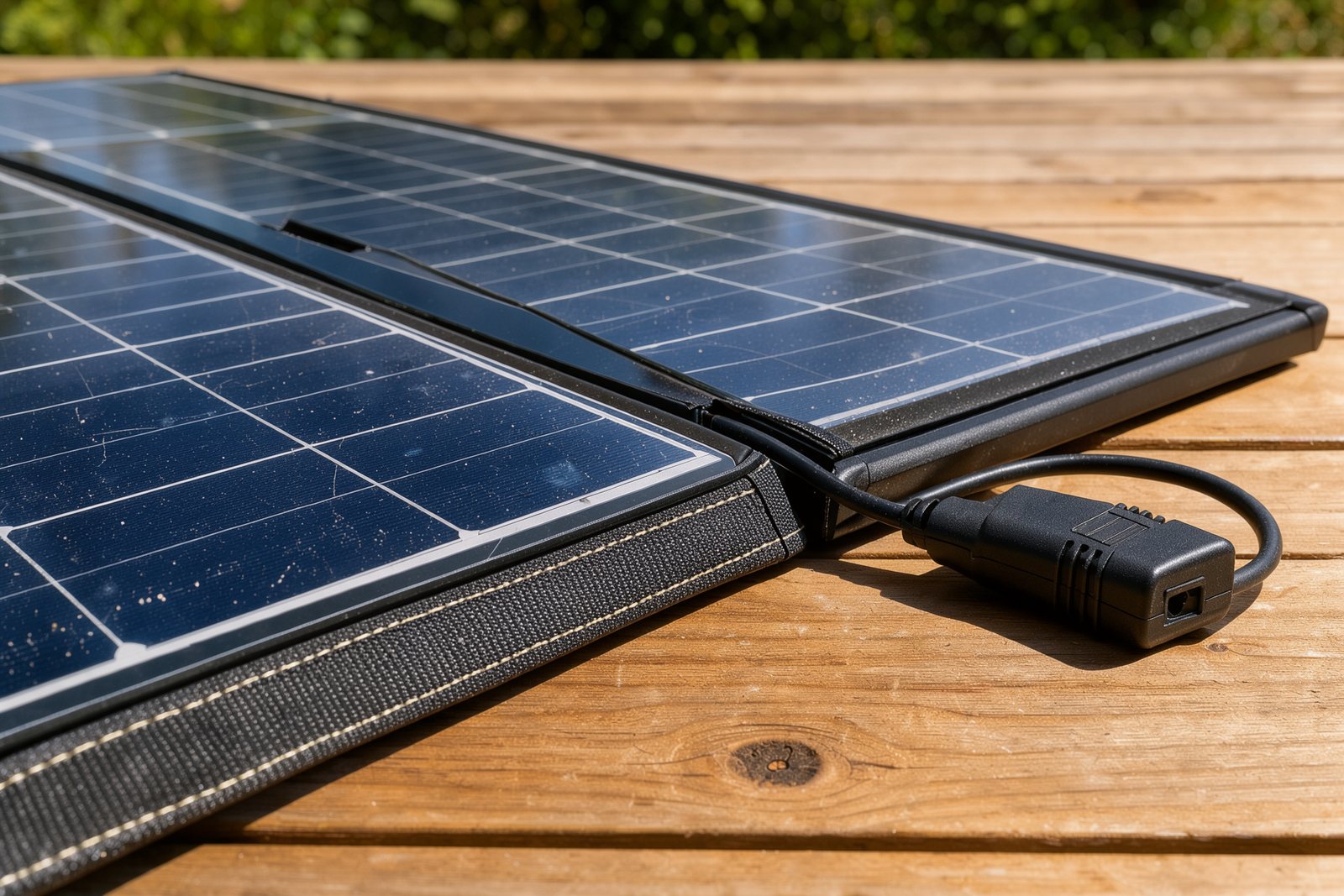 Detailansicht von Faltkante und Anschlussleitung eines mobilen Solarpanels
