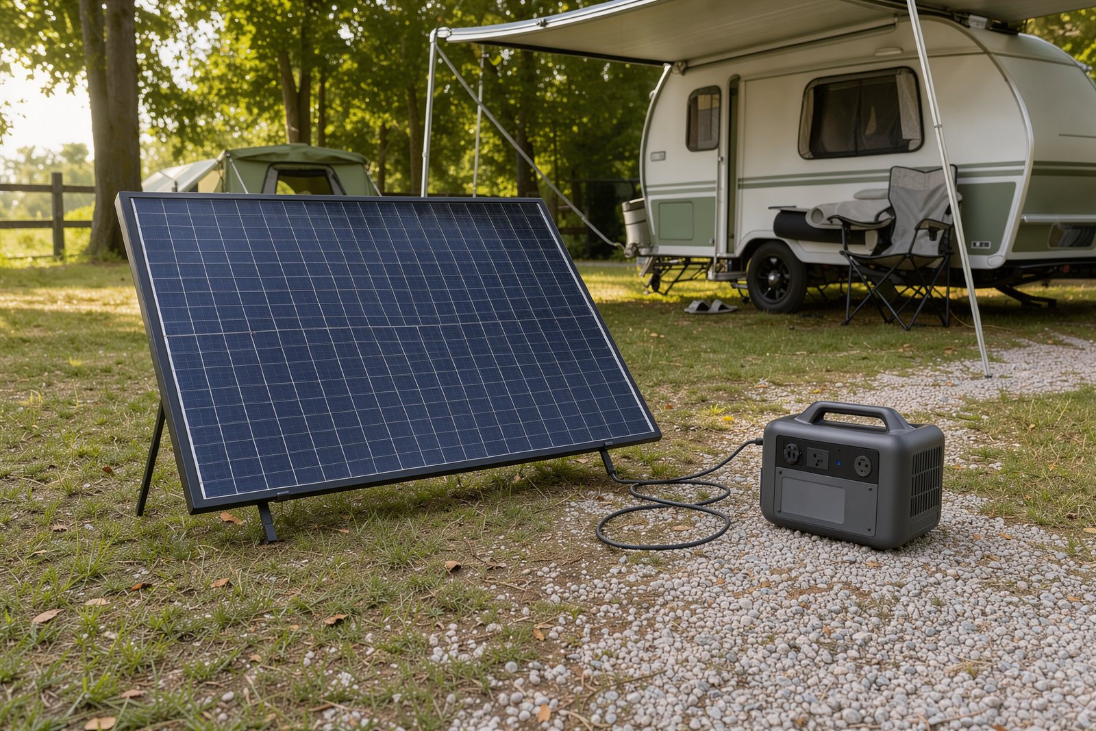 Mobiles Solarpanel neben einer Powerstation auf einem Campingplatz