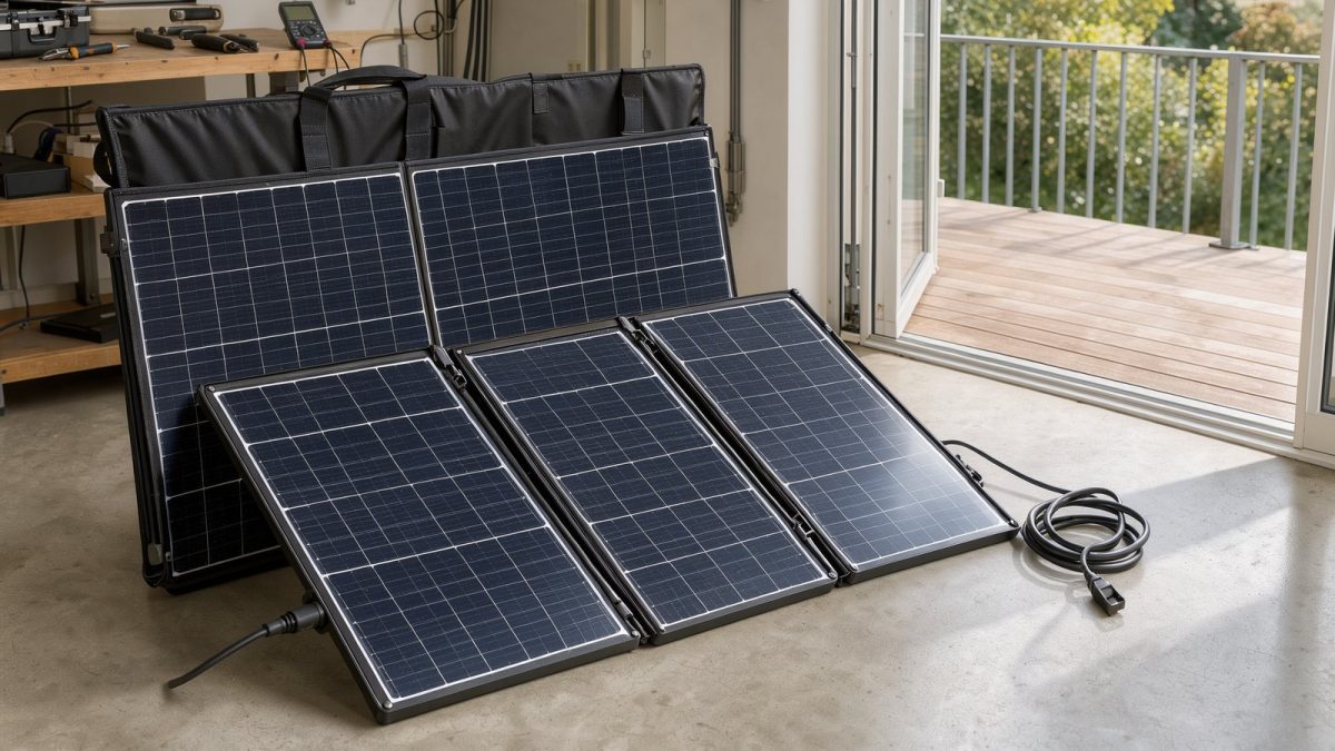 Faltbares Solarpanel der 350-Watt-Klasse in einer hellen Werkstattumgebung