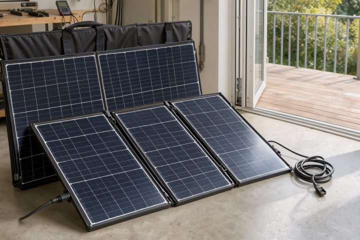 Faltbares Solarpanel der 350-Watt-Klasse in einer hellen Werkstattumgebung