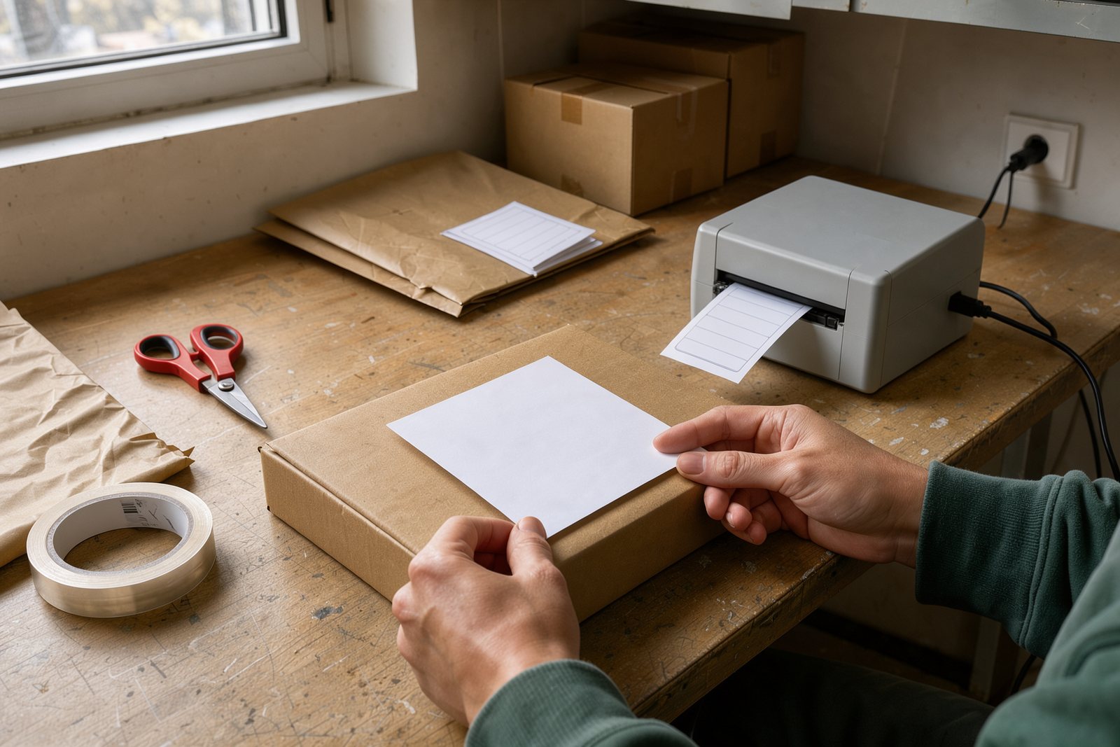 Symbolbild eines Versandarbeitsplatzes mit Thermodrucker und Paket