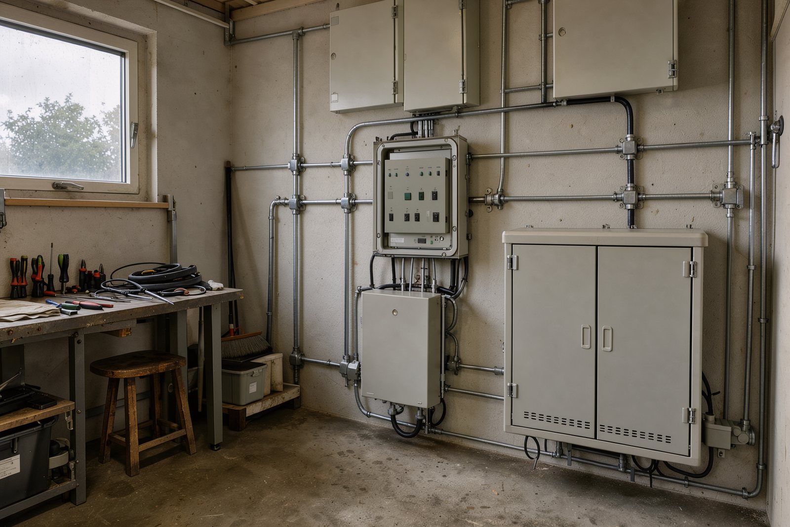 Symbolbild einer Inselanlage mit Wechselrichter, Batterieschrank und Umschalteinrichtung