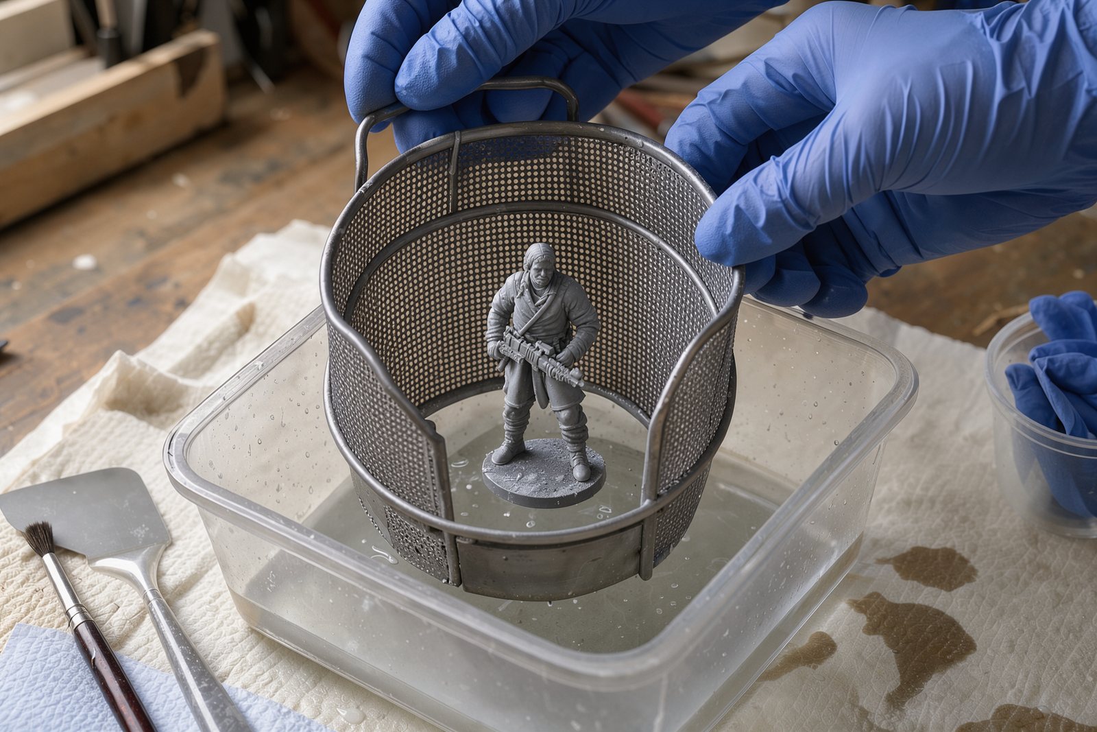 Waschkorb mit Resin-Modell über einem Reinigungsbehälter