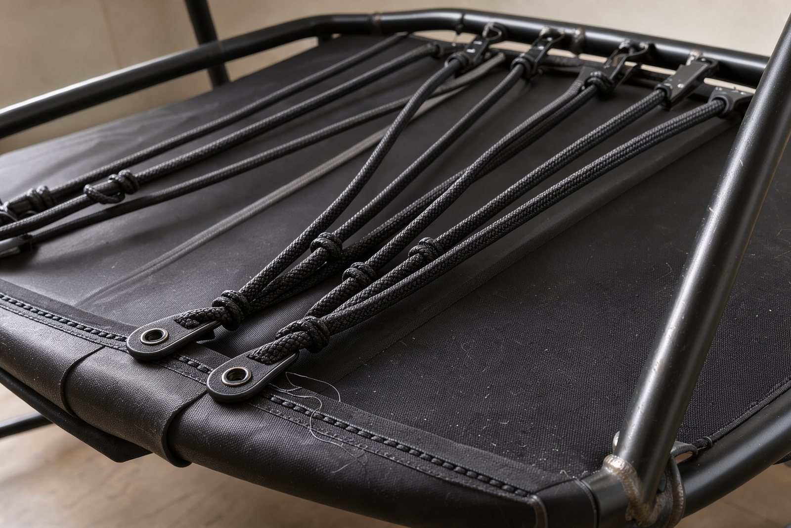 Symbolische Detailaufnahme von Bungee-Seilen, Sprungmatte und Rahmen